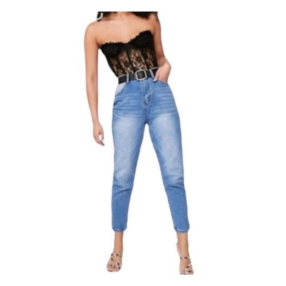 ✨Nasty Gal High Rise Inside Out Blue Wash Contrast Tapered Leg Mom Sz 8 Jeans✨